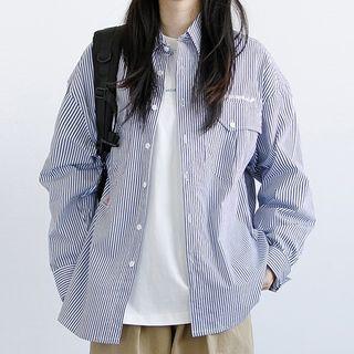 Pinstriped Lettering Embroidered Oversized Shirt