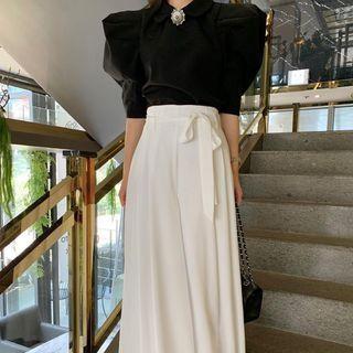 Puff-sleeve Collared Embellished Blouse / Tie-waist Wide Leg Pants