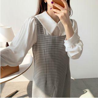 Balloon-sleeve Blouse / Midi Plaid Jumper Dress / Set
