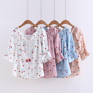 Cherry Print Off-shoulder 3/4-sleeve Top