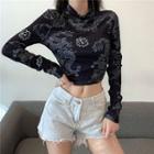Long Sleeve Dragon Print Open-back Crop Top
