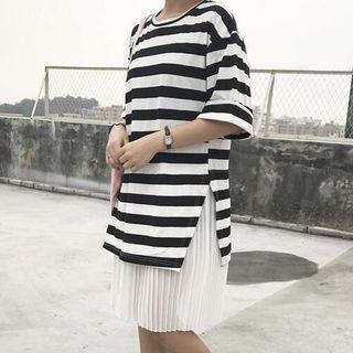 Pleated Hem Striped T-shirt Dress