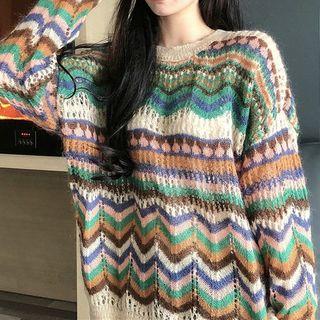 Perforated Striped Sweater As Shown In Figure - One Size