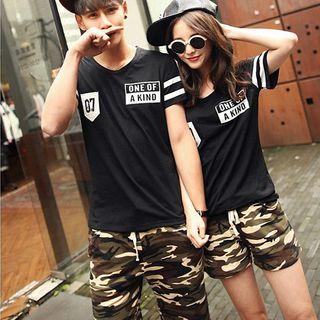Couple Matching Set: Lettering Short Sleeve T-shirt + Camo Shorts