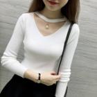 Faux Pearl Cut-out Long-sleeve Knit Top