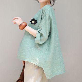 Flower Detail Pinstriped Elbow-sleeve Blouse
