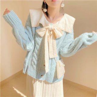 Set: Lace-trim Bow Accent Knit Dress + Cable Knit Cardigan