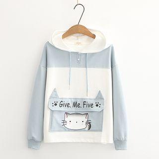 Cat Printed Color-block Hoodie