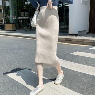 Mesh Overlay Midi Knit Skirt