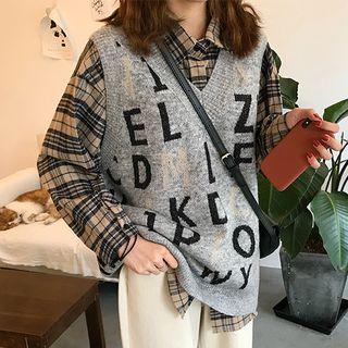 V-neck Lettering Sweater Vest/ Plaid Shirt