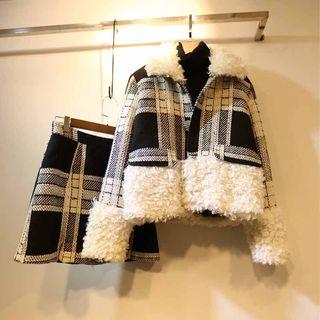 Set: Fleece-trim Plaid Buttoned Jacket + Mini A-line Skirt
