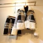 Set: Fleece-trim Plaid Buttoned Jacket + Mini A-line Skirt