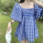 Gingham Puff-sleeve Mini A-line Dress Blue - One Size