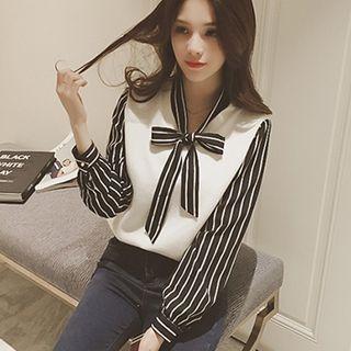 Striped Panel Bow Accent Long-sleeve Top