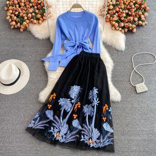 Set: Long Sleeve Knit Top With Sash + Embroidered Mesh Skirt
