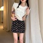 Puff-sleeve Pointelle Ruffled Knit Top / Floral Print A-line Skirt