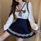 Set: Puff-sleeve Sailor Collar Blouse + A-line Skirt