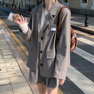 Pocket-detail Long-sleeve Blazer / High-waist Accordion Pleat Mini Skirt