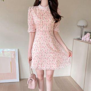 Pintuck Ruffle-cuff Floral Dress