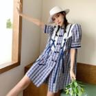 Puff-sleeve Double-breasted Plaid A-line Dress