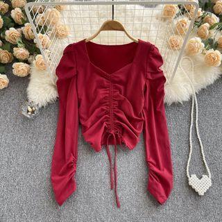 Square-neck Drawstring Ruched Puff-sleeve Top