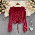 Square-neck Drawstring Ruched Puff-sleeve Top