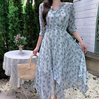 Elbow-sleeve Dotted Midi A-line Dress / Slipdress