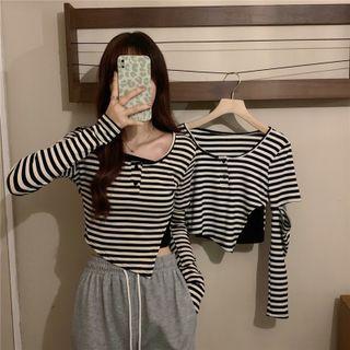 Mock Two-piece Long-sleeve Striped Asymmetrical Crop Top