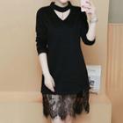 Long-sleeve Lace Panel A-line Mini Dress