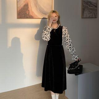 Floral Panel Velvet Midi A-line Dress