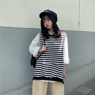 Letter Embroidered Shirt / Striped Vest / Straight-cut Pants