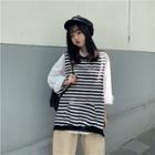 Letter Embroidered Shirt / Striped Vest / Straight-cut Pants