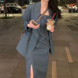 Set: Blazer + Spaghetti Strap Midi A-line Dress