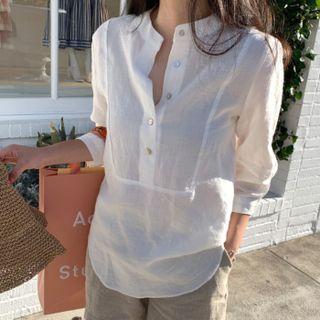 Plain Lapel Elbow Sleeve Shirt
