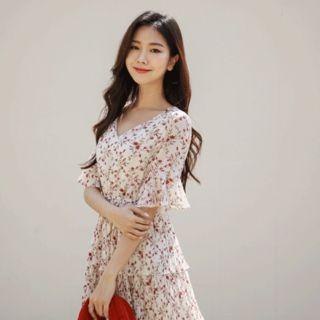 V-neck Floral Midi Tiered Dress