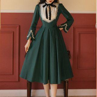 Long-sleeve Lace Panel Bow Midi A-line Dress