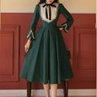 Long-sleeve Lace Panel Bow Midi A-line Dress