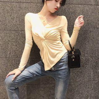 Twist-front V-neck Top Almond - One Size