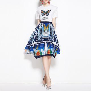Set: Butterfly Embroidered T-shirt + Printed Midi A-line Skirt