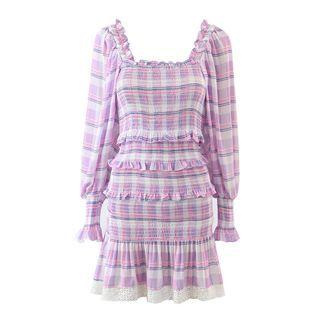Plaid Ruffle Trim Mini Bodycon Dress