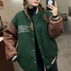 Color Panel Embroidered Baseball Jacket Green & Brown - One Size