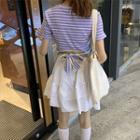 Color-block Striped Crewneck Lace-up Short-sleeve Top / Plain High-waist A-line Skirt