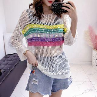 Sequined Striped Open Knit Sweater