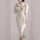 Puff-sleeve Lace Asymmetrical Sheath Dress