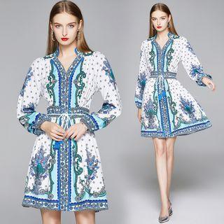 Long-sleeve Print Tie-waist Dress