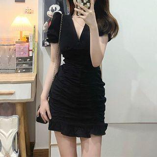 Puff-sleeve Ruffle Hem Shirred Bodycon Dress