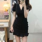 Puff-sleeve Ruffle Hem Shirred Bodycon Dress