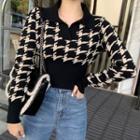 Polo-neck Houndstooth Sweater Black & Almond - One Size
