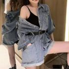 Elbow-sleeve Collar Denim Romper