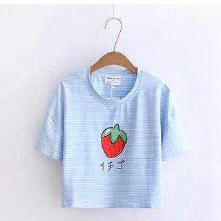 Elbow-sleeve Strawberry Print Striped T-shirt